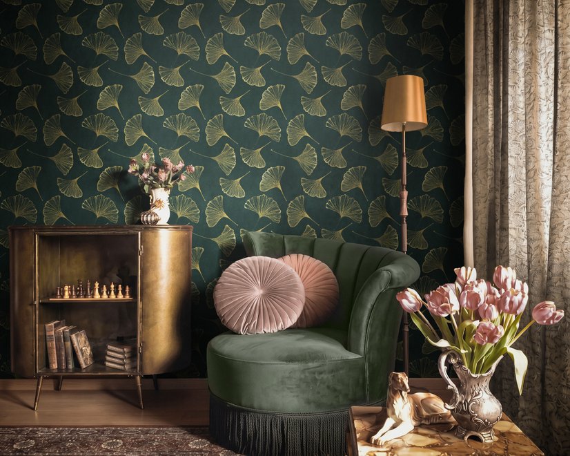Dark green wallpaper with metallic antique-gold etched ginkgo leaves on a textured forest-green teal ground