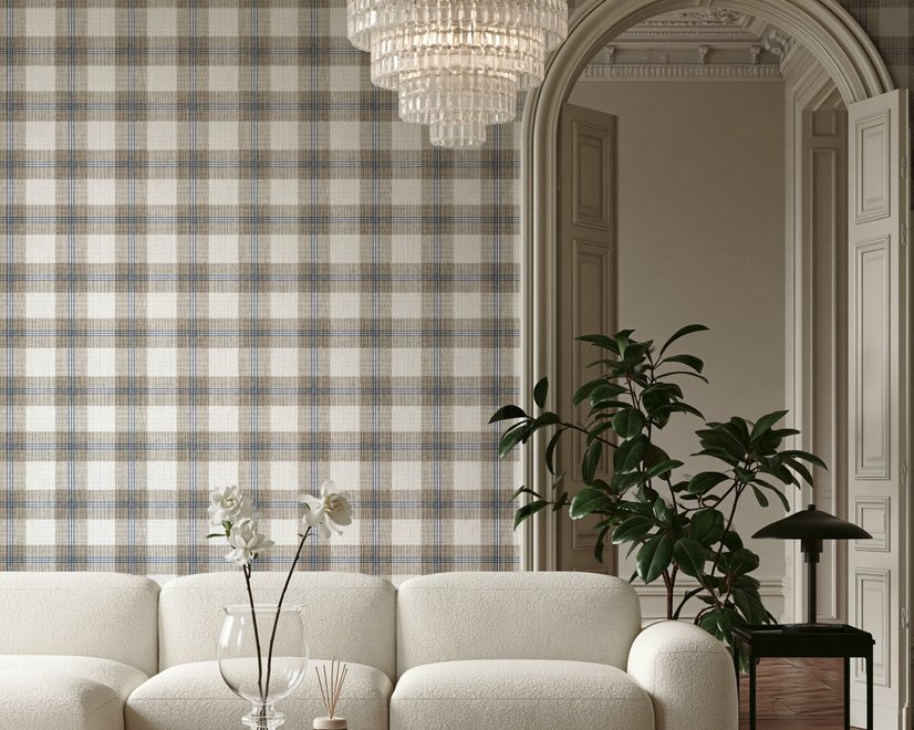 Beige, oat and cream-white plaid wallpaper with fine navy-blue stripes and printed linen texture