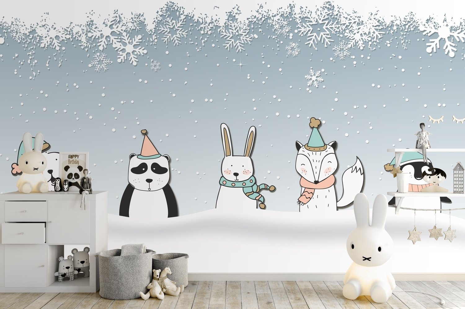 Cartoon Fox and Panda Winter Animals Wallpaper Mural - Peel and Stick