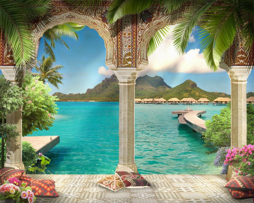 3D Look Sea Landscape with Lux Arabian Arches Wallpaper Mural