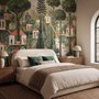 Architectural design wallpaper mural of forest treehouses, rivers, boats and small figures in green watercolour