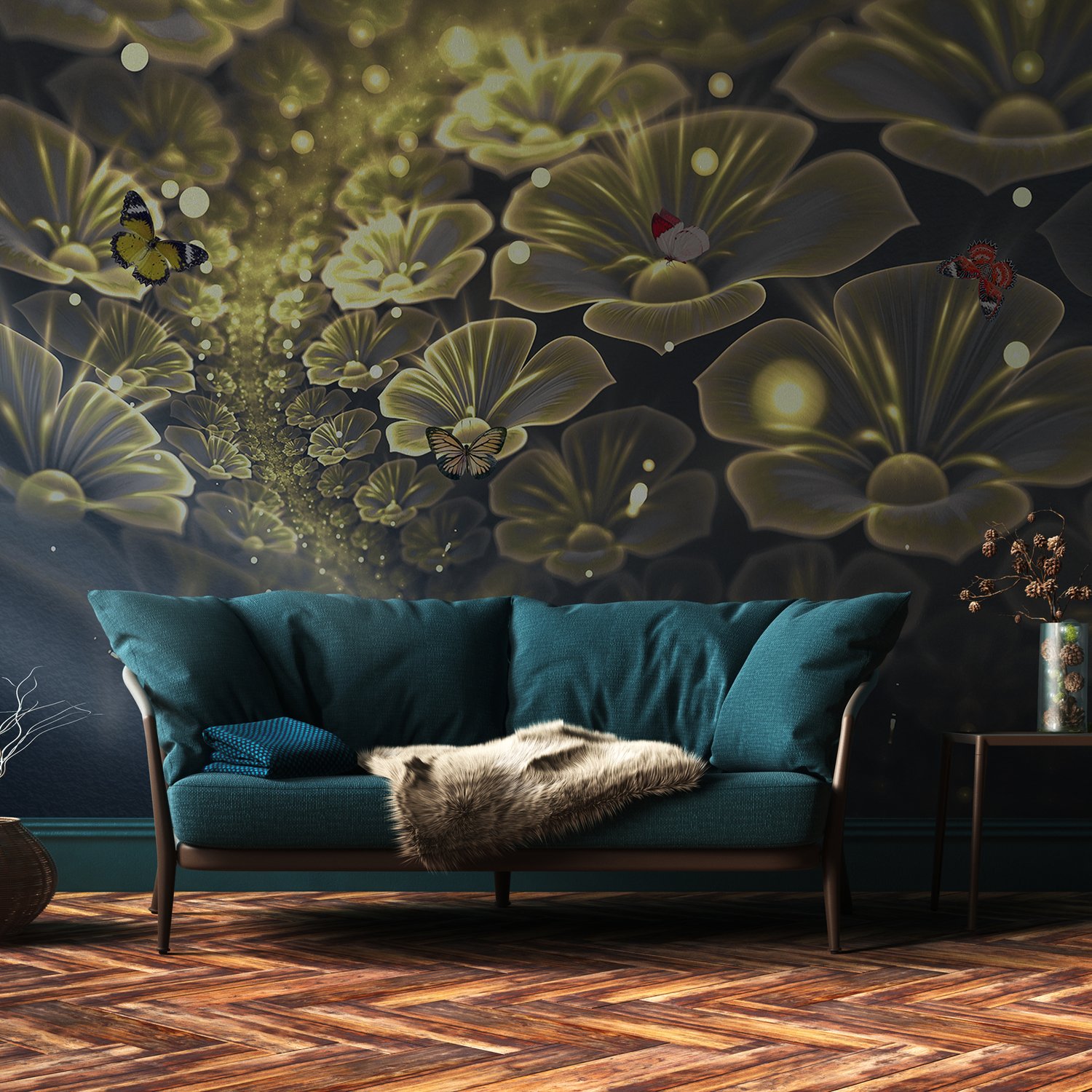 Dark Floral of Yellow Light Wallpaper Mural - Peel and Stick