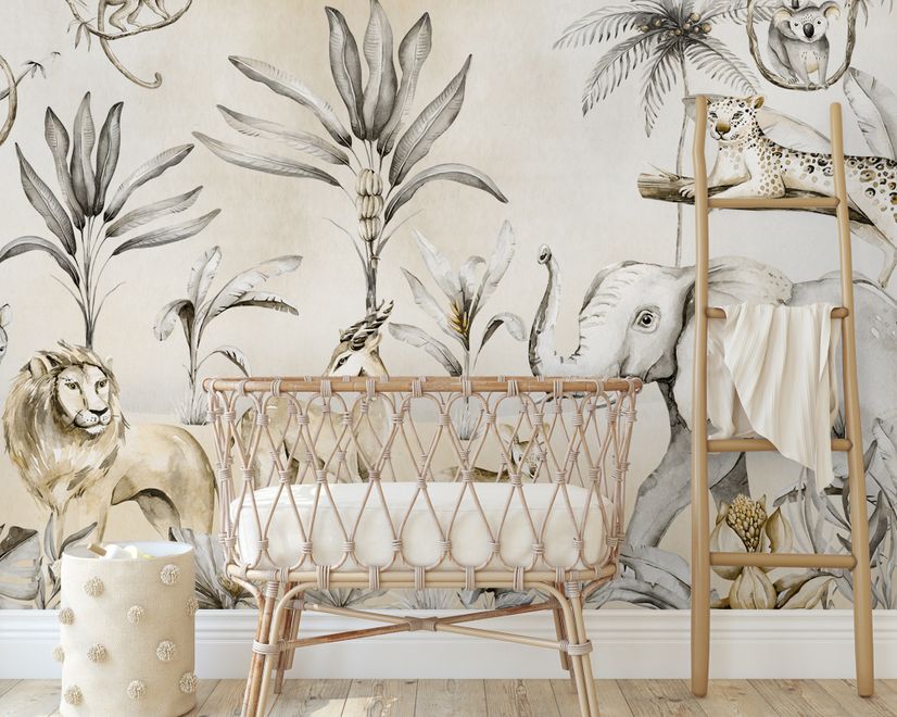 Papier peint panoramique animaux de la jungle avec bananiers et plantes tropicales pour enfants