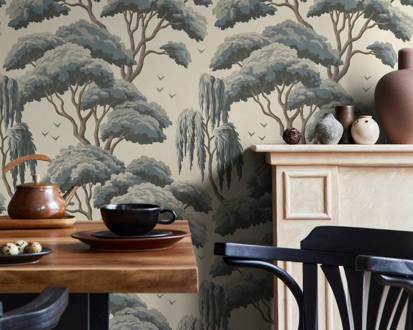 Vintage Japanese tree nature wallpaper with blue-grey canopies, willow foliage, birds and ivory-cream ground