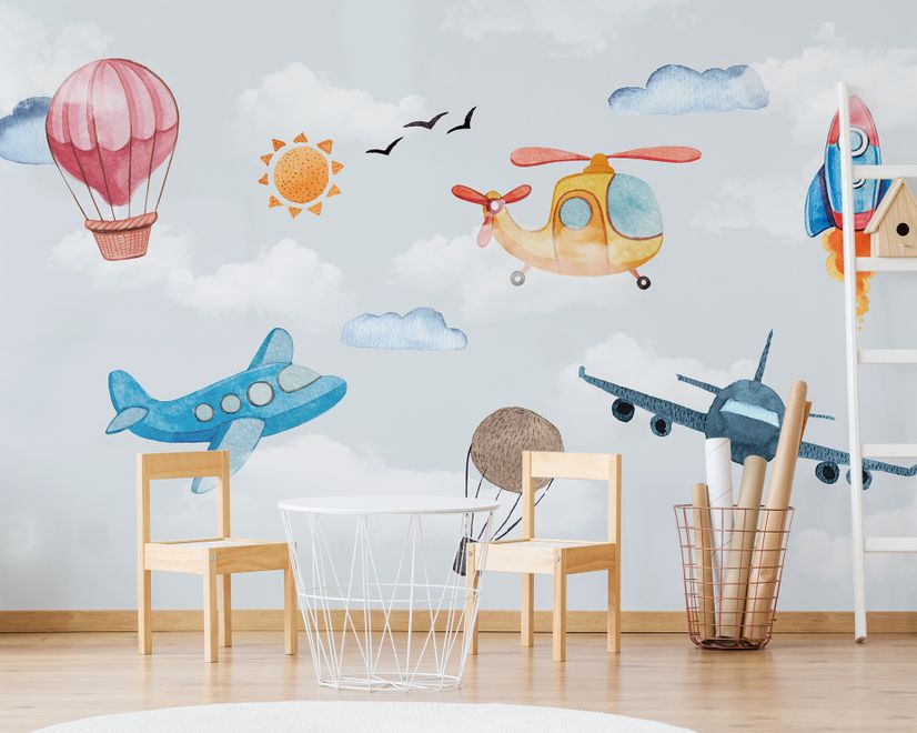Fototapete mit Cartoon-Flugzeugen und rosa Heißluftballon