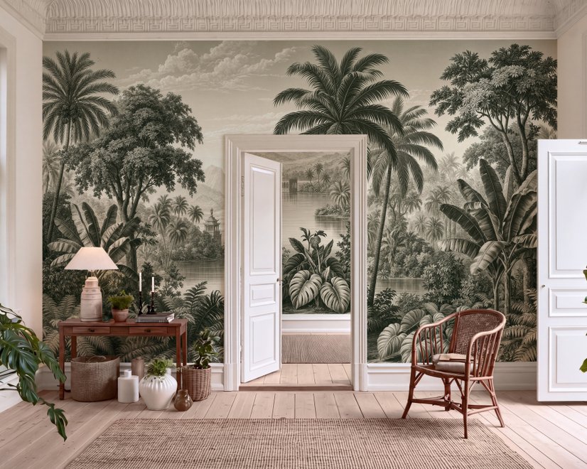 Sepia tropical landscape wallpaper with palms, banana plants, lagoon, bridge and mountains