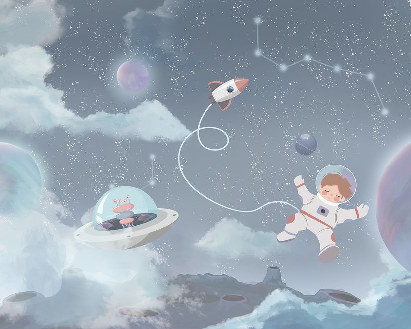 Papier peint panoramique de l'espace pour garçons - Planètes brillantes et astronautes