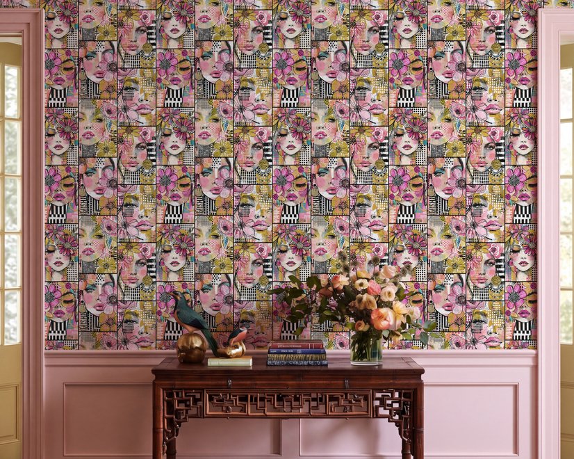 Bold wallpaper for powder room with pop art female faces, pink flowers, black comic panels, mustard, teal and fuchsia details