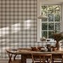 Neutral beige and brown plaid wallpaper with cream squares, taupe woven blocks and fine dark brown lines