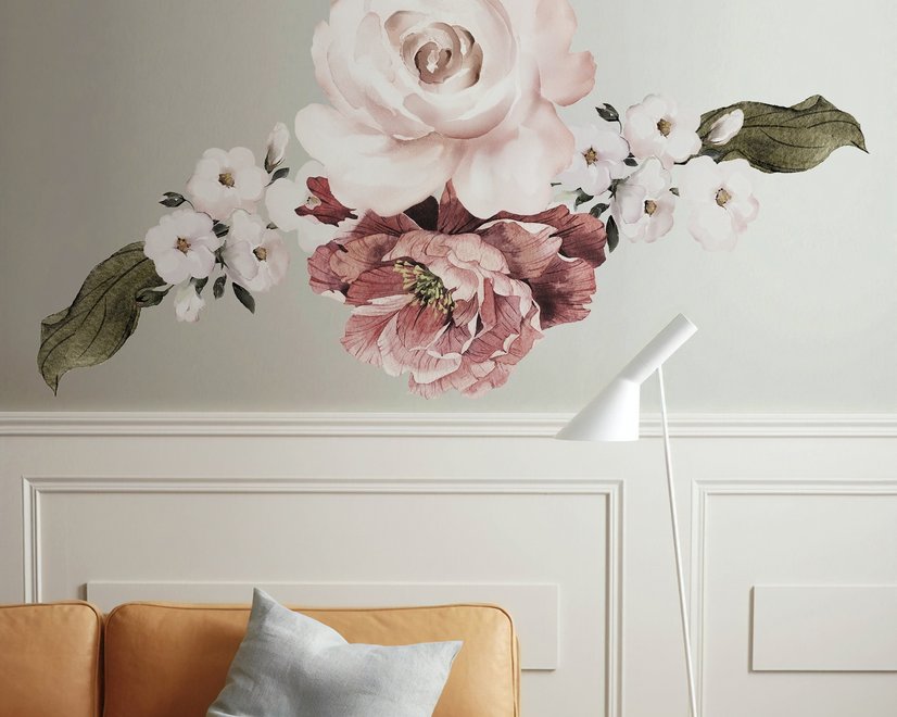 Pink Rose Red Peony Floral Bouqet Wall Decal Sticker