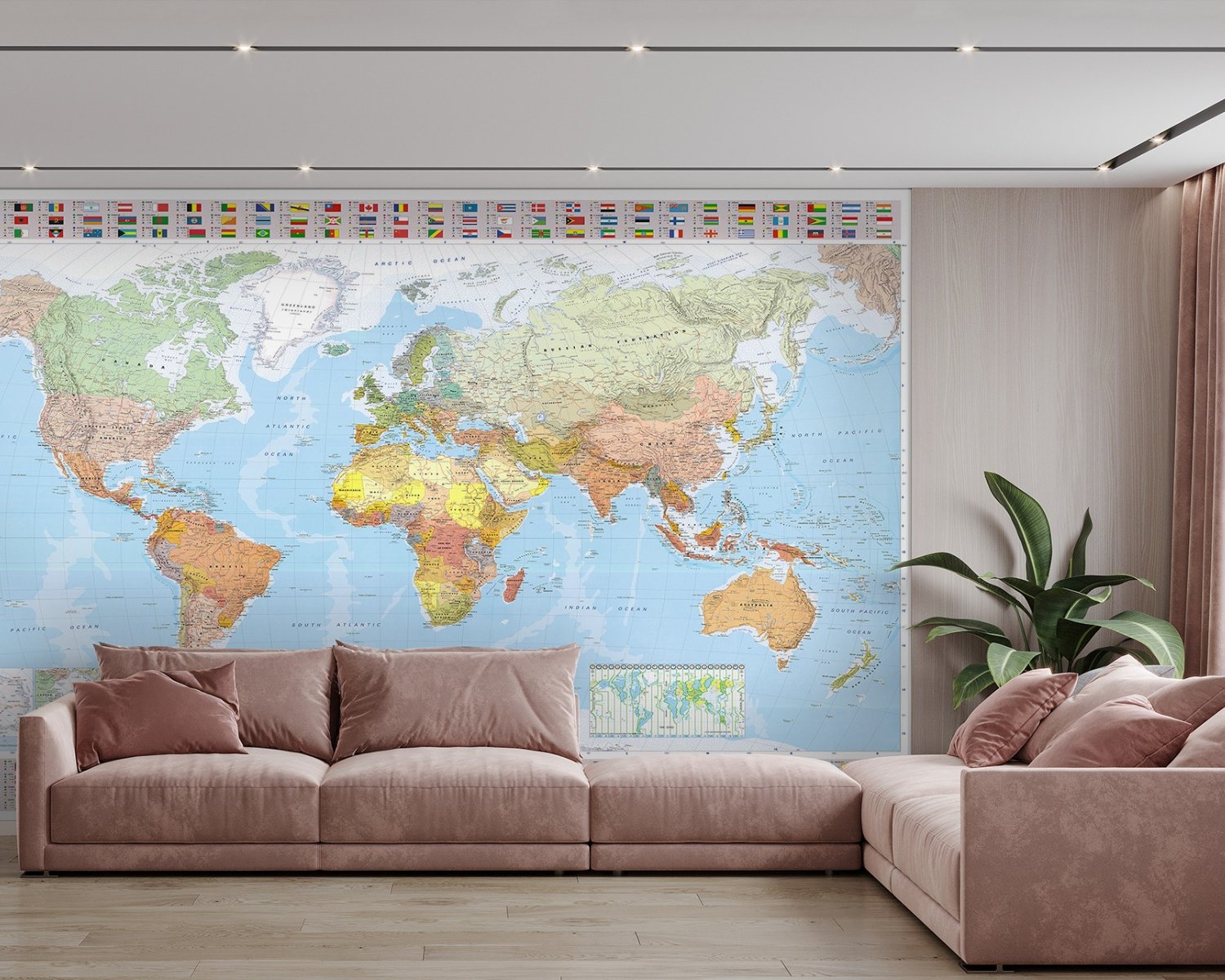 Political World Map and Country Flags Wallpaper Mural - Peel and Stick