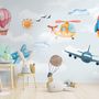 Fototapete mit Cartoon-Flugzeugen und rosa Heißluftballon