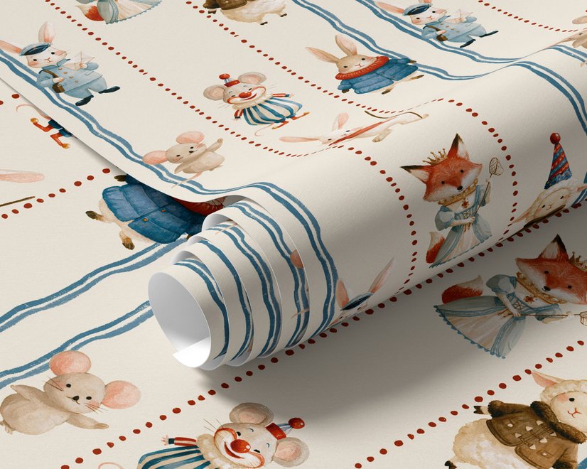 Cartoon wallpaper with rabbits, mice, a crowned fox and lambs in costumes between wavy blue stripes