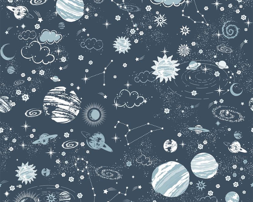 Dark Space Starry Sky with Blue Planets Wallpaper Mural