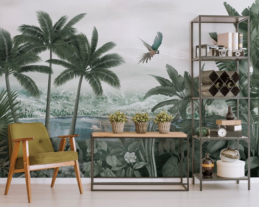 Misty Tropical Forest with Lake Wallpaper Mural