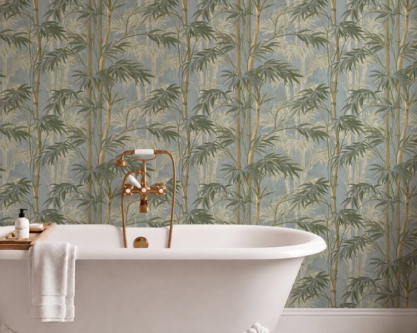 Bamboo oil painting wallpaper with olive leaves and ochre canes on a soft blue-grey ground