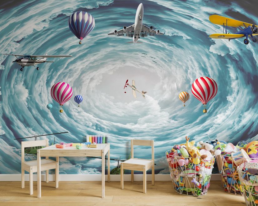 Hot Air Balloon and Airplanes on The Sky Wallpaper Mural