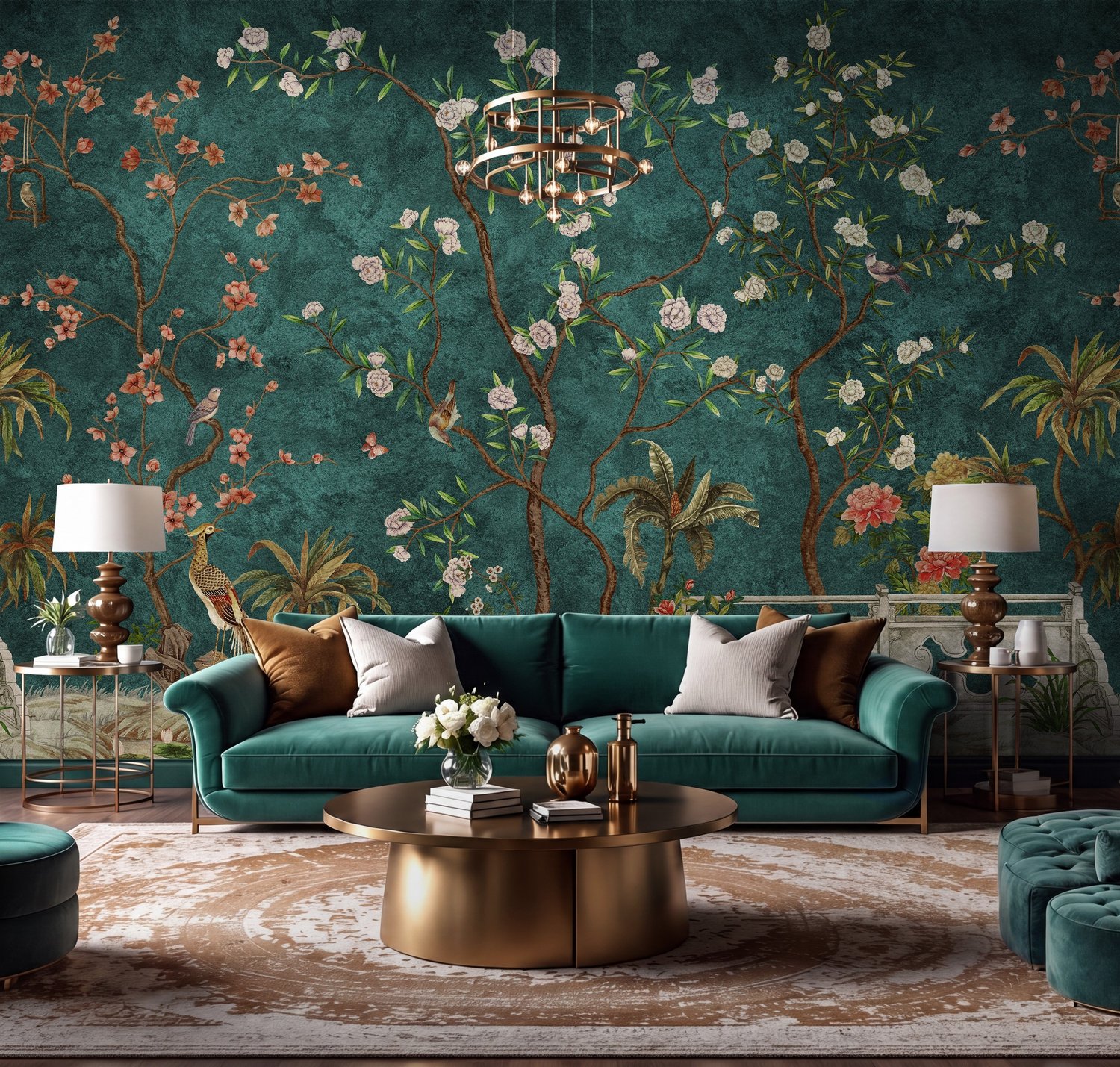 Floral Wallpaper With Birds Chinoiserie Garden Wall Mural - Peel and Stick