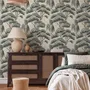 Vintage Japanese tree nature wallpaper with blue-grey canopies, willow foliage, birds and ivory-cream ground