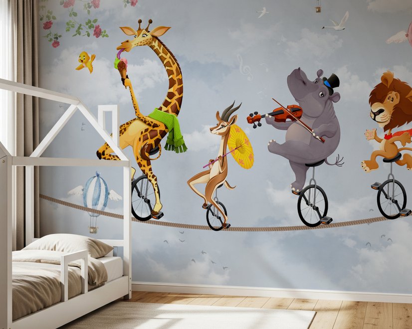Cartoon Slackline mit Tieren Fototapete