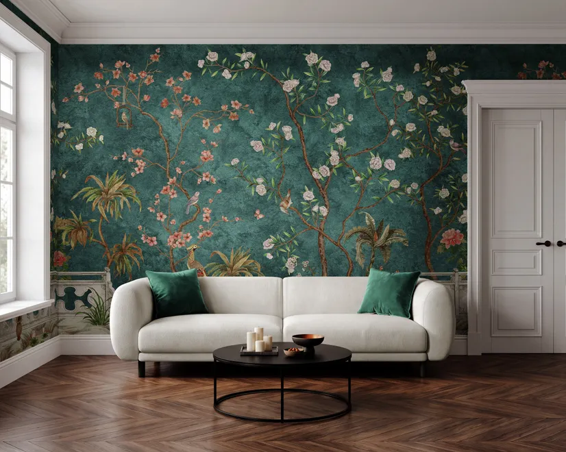 Floral wallpaper with birds in a teal chinoiserie garden with blossoms, pheasant, palms and stone railings