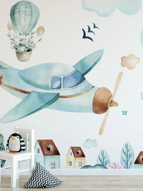 Watercolor Cartoon Village and Airplane Wallpaper Mural