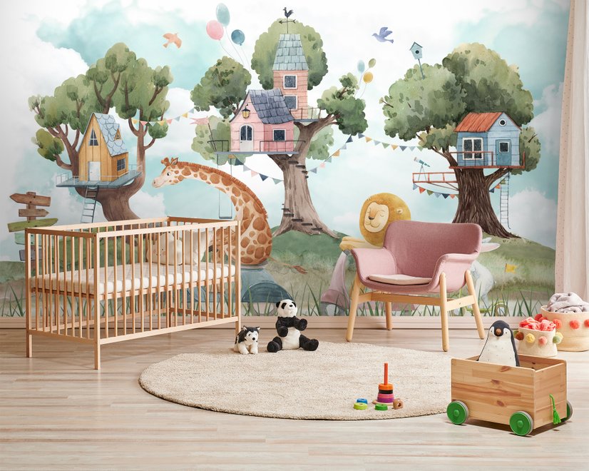 Papier peint animaux forêt cabane arbre enfants