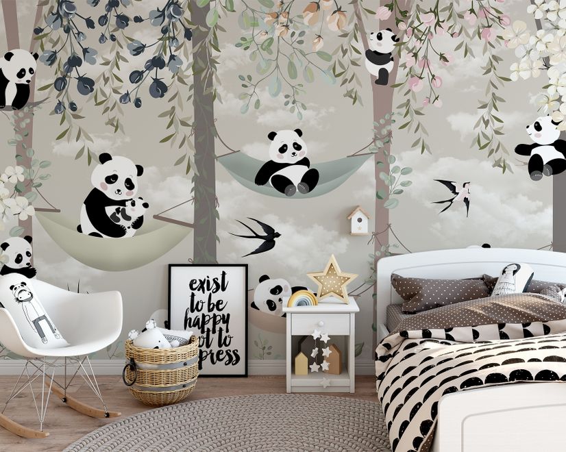 Nursery Panda Bear on Hammock Trees Wallpaper Mural