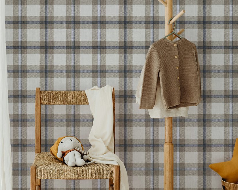 Beige, oat and cream-white plaid wallpaper with fine navy-blue stripes and printed linen texture