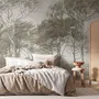 Tree wallpaper forest mural with olive coastal woodland, bare branches, shoreline path and small sailboats