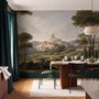 Vintage oil painting wallpaper of cypress trees, villas and a domed cathedral in an Italian landscape