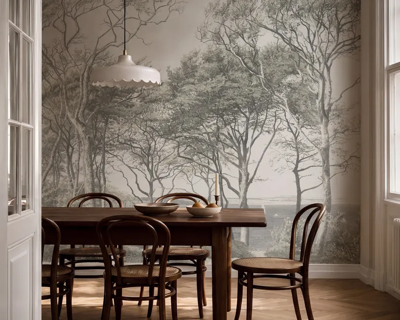Coastal woodland wallpaper mural with grey trees, sandy path, sea horizon and small white sailboats