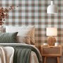 Sage green and cream-white tartan plaid wallpaper with deep red stripes and woven thread texture