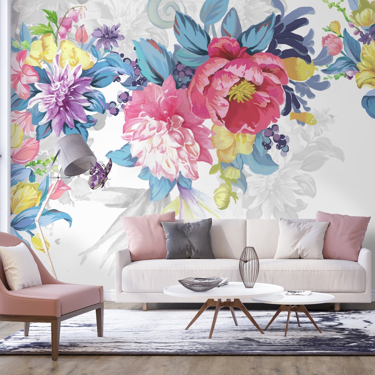 Watercolor Colorful Peony Flowers Wallpaper Mural - Peel and Stick