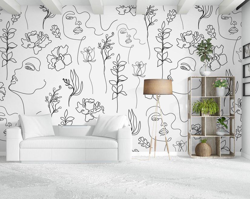 Sanfte Frauenfigur mit floraler Zeichnung Line Art Fototapete