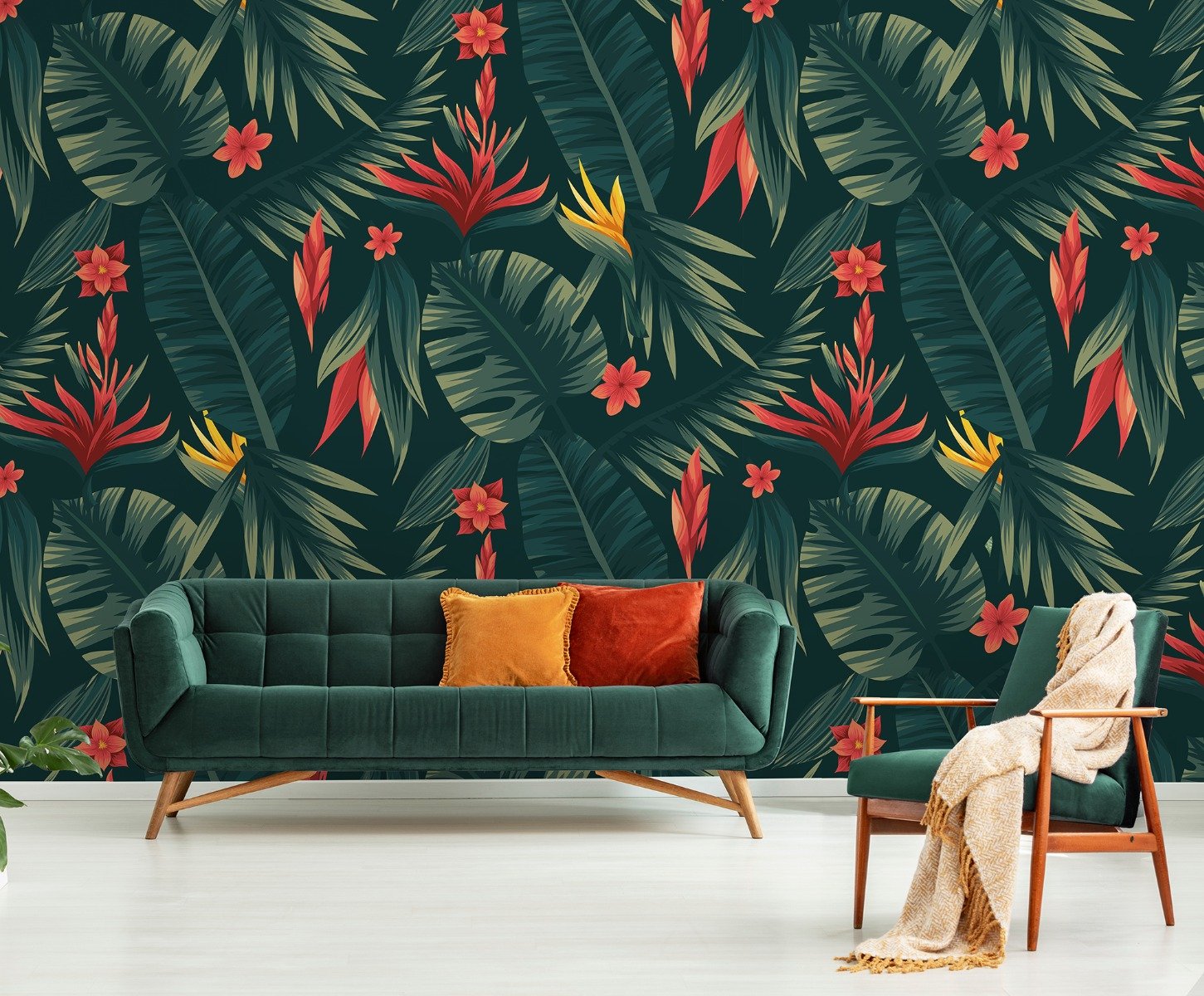 Red Floral and Palm Leaf Pattern Wallpaper Mural - Peel and Stick