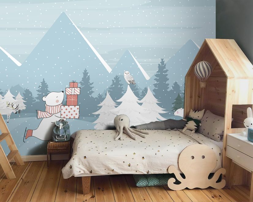 Ice Skater White Bear on the Snowy Winter Forest Wallpaper Mural