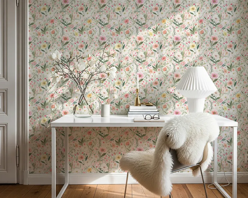 Pink wallpaper with watercolour blush, coral and yellow wildflowers, sage leaves and stems on a warm cream-white ground.