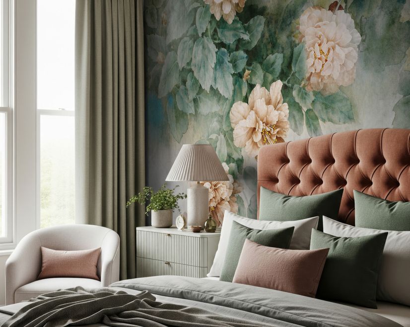 Vintage Floral and Green Leaf Wallpaper Mural