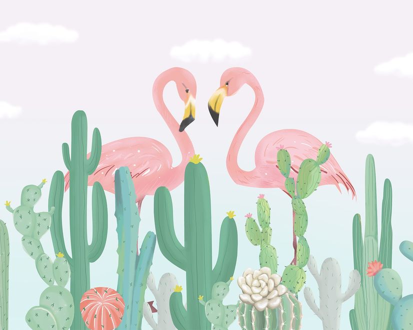 Flamingo Couple with Cactus Wallpaper Mural