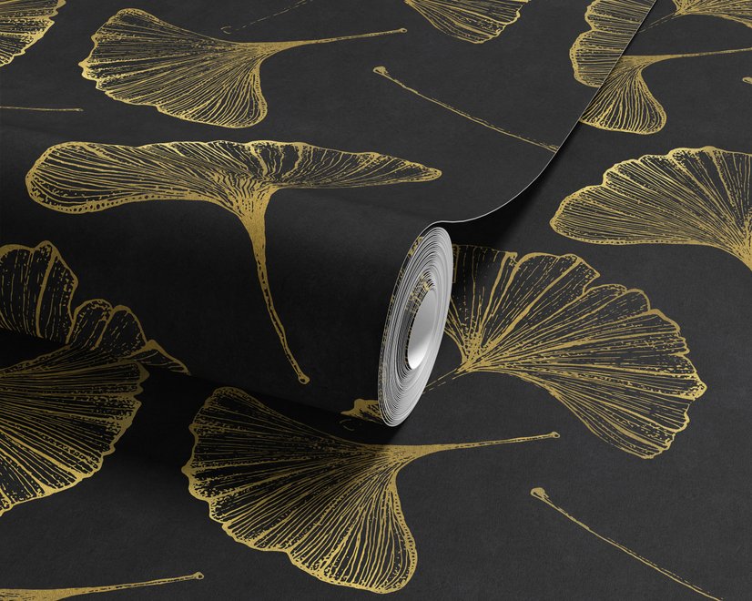 Black wallpaper with antique metallic gold ginkgo leaves on a mottled charcoal ground