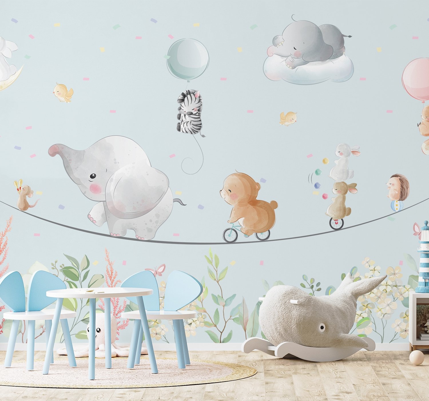 Cute Flying Animals with Funny Circus Wallpaper Mural - Peel and Stick