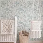 Cute cats wallpaper with dusty blue toile kittens, roses and garden scenes on warm cream