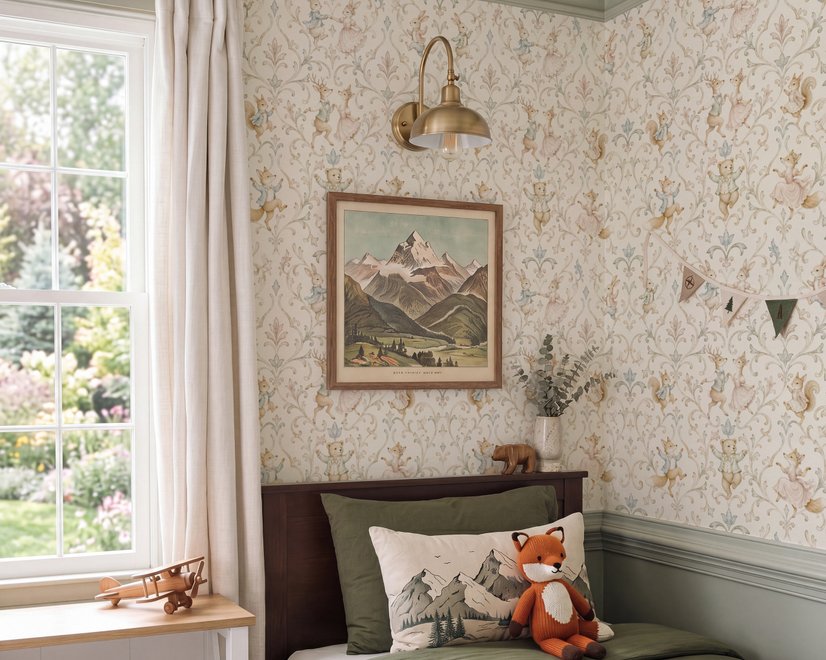 Cute rabbits wallpaper with woodland animals, white birds and acanthus scrolls on an ivory cream ground