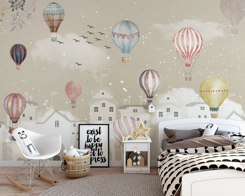 Kinderzimmer Fototapete Cartoon Winter und Kleiner Heißluftballon