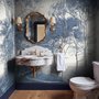 Blue forest background wallpaper mural with coastal trees, sea water and small white sailboats