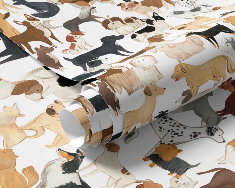 Zoomie kids wallpaper with painted dog breeds in tan, brown, black and grey on white