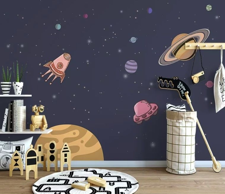 Watercolor Cartoon Space with Planets Wallpaper Mural