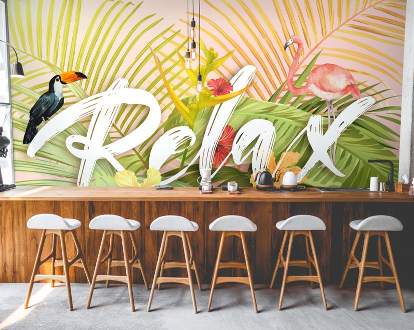 Pink Flamingo with Colorful Tropical Leaves Wallpaper Mural