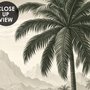Sepia tropical landscape wallpaper with palms, banana plants, lagoon, bridge and mountains